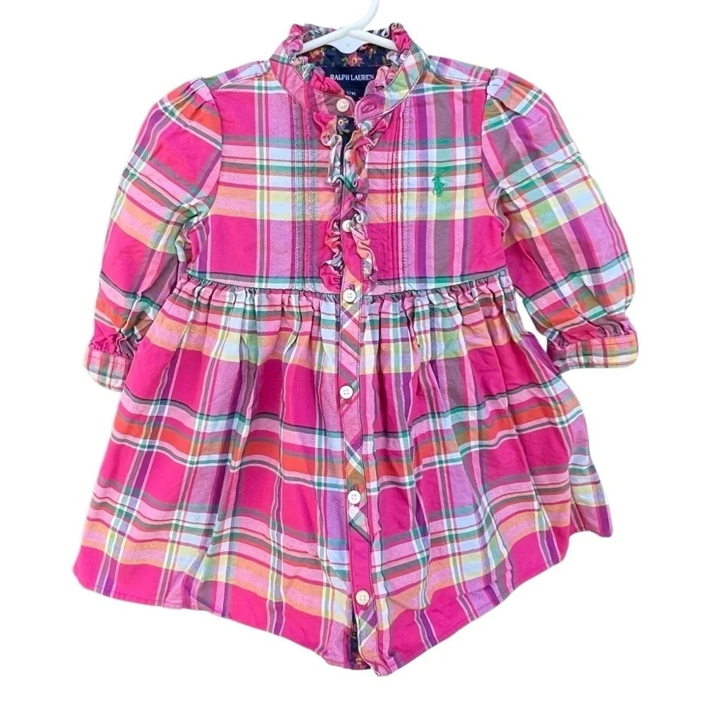 Ralph Lauren Plaid Ruffle Button Front Shirt Dress Pink 12 Mos GUC